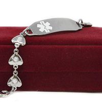Medical Alert Bracelet for Women with Free Custom Engraving, Steel Heart-Link Chain CZ Stone, White Medic ID | Wrist Size 8.25 inch