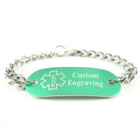 My Identity Doctor - Custom Engraved Medical ID Bracelet - Aluminum, Steel Curb Chain - Green - Wrist Size 6 Inch