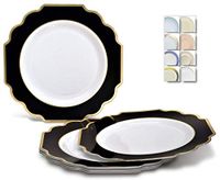 " OCCASIONS" 60 Plates Pack, Heavyweight Disposable Wedding Party Plastic Plates (8'' Dinner Plate, Imperial in White/Black & Gold)