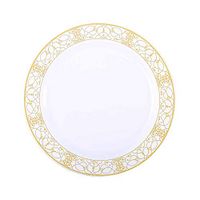 BalsaCircle 30 pcs 10-Inch White with Gold Lace Trim Plastic Round Plates - Disposable Wedding Party Catering Tableware
