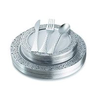 White Silver Plastic Plates and Cutlery Set (100-Count) Elegant Silver Lace Rim, Disposable Dinnerware Silverware Set | 20 Dinner and 20 Dessert Plates, 20 Forks, 20 Knives, 20 Spoons - Posh Setting