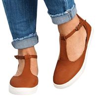 Amlaiworld Women Vintage Out Shoes Round Toe Single Shoes Platform Flat Heel Buckle Strap Casual Shoes Brown