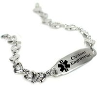 My Identity Doctor Custom Engraved Medical Bracelet 316L Stainless Steel Hearts, Round 2mm Cubic Zirconia - Wrist Size 9.5 Inch