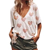 ✿HebeTop✿ Womens Loose Blouse Short Sleeve V Neck Printed T Shirts Casual Tops White