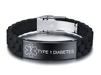 VNOX Type 1 Diabetes Medical Alert ID Black Silicone Rubber Stainless Steel Adjust Bracelet Wristband for Men