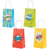 Superhero Comic Book Gift Bags – 24-Pack Kids Treat Bags with Handles, Paper Goodie Bags for Retail, Gifts, Party Favors, 4 Assorted Designs, 9 x 5.3 x 3.15 Inches