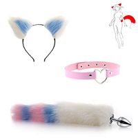 3PCS Fox Tail and Lovely Ears Handheld Massager Christmas Cosplay Party Costume Gift for sweetbaby （Three Color Stitching）-L