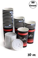 Large 20 oz 50 Count by EcoQuality - Classic Durable Disposable Paper Cups & White Lids For Hot/Cold Drink, Coffee, Tea, Cocoa, Travel, Office - 20 Ounce Cups, 50 Count Cups & 50 White Tear Back Lids