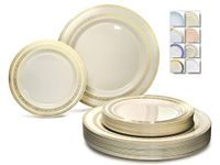 " OCCASIONS " 50 Plates Pack (25 Guests)-Heavyweight Wedding Party Disposable Plastic Plate Set -25 x 10.5'' Dinner + 25 x 7.5'' Salad/Dessert plates (Lace Ivory & Gold)