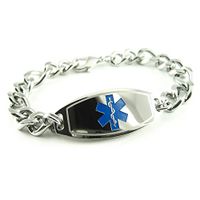 My Identity Doctor - Custom Engraved Mens Medical Alert Bracelet, 8mm Steel, Thick Figaro Chain - Blue - Wrist Size 8.25 Inch