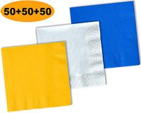 150 Beverage Napkins, Sunshine Yellow, Bright White, Cobalt Blue - 50 Each Color. 2 Ply Paper Cocktail Napkins. 5" folded, 10" unfolded.