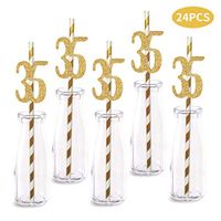 35th Birthday Paper Straw Decor, 24-Pack Real Gold Glitter Cut-Out Numbers Happy 35 Years Party Decorative Straws