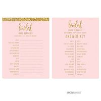 Andaz Press Blush Pink Gold Glitter Print Wedding Collection, Wedding Word Scramble Bridal Shower Game Cards, 20-Pack