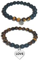 Hidden Hollow Beads Charm Tigers Eye and Black Lava Natural Stone Women's Yoga Beaded Stretch Bracelet Set. Comes in A Gift Box! (Love)