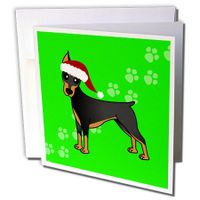 3dRose Cute Doberman Pinscher Black Coat - Cartoon Dog - Green with Santa Hat - Greeting Cards, 6 x 6 inches, set of 12 (gc_40904_2)