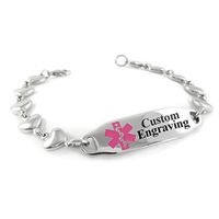 My Identity Doctor - Custom Engraved Medical Alert Bracelet for Women, Steel Heart 6mm - Pink - Wrist Size 7.75 Inch