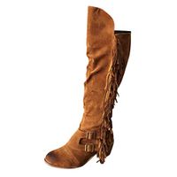 HebeTop Women's Fringe Moccasin Flat Heel Zipper Under Knee High Boots Square Heels Shoes Brown