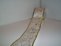 Gift Wrapping, Christmas Ribbon Wired Polyester Satin Glitter Star / Swirls Ribbon, 2-1/2-Inch by 10-Yard Spool, White Gold Star Swirls /Gold Edge