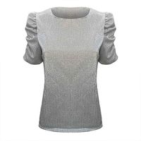 Eoeth Blouse Shirts for Women Fashion Long Sleeve Solid Sequin Stand Collar Puff Sleeve Tops Pullover T-Shirts Tracksuits Silver