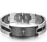 Preciashopping Stainless Steel Black Silver-Tone Religious Cross English Prayer Mens Bracelet