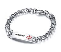 PJ Epilepsy Stainless Steel Medical Alert Awareness ID Tag Chain Bracelet for Women Men
