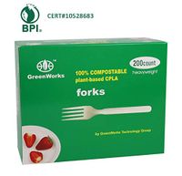 GreenWorks 100% Compostable CPLA Forks, 200 Count Disposable Large Heavyweight Biodegradable Bio-based Plastic Cutlery Flatware Forks