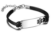 JF.JEWELRY Simple Leather Link Stainless Steel Medical Alert ID Bracelet for Women Adjustable,Black