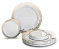 " OCCASIONS" 50 Plates Pack, Heavyweight Premium Disposable Plastic Plates Set (25 x 10.5'' Dinner + 25 x 6.25'' Cake plates) (Celebration White & Gold)