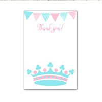 30 Blank Thank You Cards Notes Birthday Party Baby Girl Shower Princess Pink Aqua Blue Flag Banner Crown Design + 30 White Envelopes