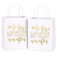 LaRibbons Medium Size Gift Bags - Gold Foil"to Love Laughter and Happily Ever After" White Paper Bags with Handles for Wedding, Birthday, Baby Shower, Party Favors - 12 Pack - 8" x 4" x 10"