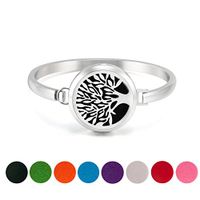 Essential Oil Diffuser Bracelet - 30mm Stainless Steel Aromatherapy Locket Bangle Bracelets Diffuser Jewelry for Women Girls, Free 8 Color Felt Pad, Tree of Life