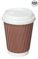[250 PACK] 12 oz RippIe Wall Insulated Disposable Paper Coffee Cups with White Dome Lids - Double Walled Rippled Disposable Coffee Hot Tea Cups - Bio Degradable Eco Friendly Hot Beverage, To Go, Bulk