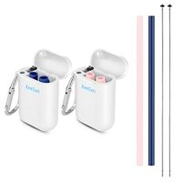 KeeGan Collapsible Reusable Straws - Portable Silicone Drinking Straw with Cleaning Brush & Travel Case for Home and Outdoor (Blue & Pink)