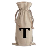 "T" Casual Initial Monogram Letter T Cotton Canvas Wine Bag, Cotton Drawstring