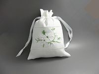 White Linen Gift Bags Drawstring Embroider Sachet Mini Flowers Green Leaf 5" x 7" Pack of 2 (color1)