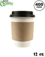 400 Pack - 12 oz Disposable White Paper Coffee Cups with Black Dome Lids and Protective Corrugated Cup Sleeves - Perfect Disposable Travel Mug for Home, Office, Coffee Shop, Travel, Tea