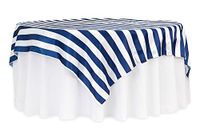 12 Pk, Stripe 90"x90" Square Satin Table Overlay - Navy Blue & White