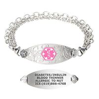 Divoti Custom Engraved Medical Alert Bracelets for Women, Stainless Steel Medical Bracelet, Medical ID Bracelet w/Free Engraving – Lovely Filigree Tag w/Tri-Strand-Pink-6.5"