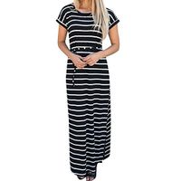 muyuhan Women's Casual Striped Printed Short Sleeve Bandage Long Maxi Dress(Black,L)