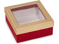 Rigid Clear Window Candy Boxes - Red Matte & Brushed Gold Candy Box Clear Window 3-1/2x3-1/2x1-1/2" - (2 Packs; 24 Per Pack) - WRAPS-CW1RMG