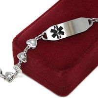 Medical Alert Bracelet for Women with Free Custom Engraving, Steel Heart-Link Chain CZ Stone, Black Medic ID | Wrist Size 7.75 inch