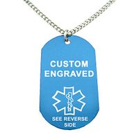 My Identity Doctor - Custom Engraved Medical Alert ID Dog Tag, Blue Aluminum, 27 Inches Chain