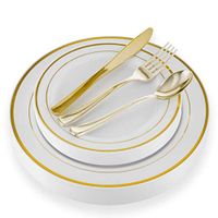 125 Piece Elegant Disposable Gold Plastic Plates Silverware Set for Parties and Wedding | Heavyweight Dinnerware | 25 Dinner Plates, 25 Dessert Plates, 25 Forks, 25 Spoons, 25 Knives | 100% BPA-Free