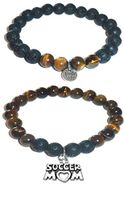Hidden Hollow Beads Charm Tigers Eye and Black Lava Natural Stone Women's Yoga Beaded Stretch Bracelet Set. Comes in A Gift Box! (Soccer Mom)