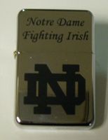 Notre Dame Logo Engraved Chrome Plated Brass Refillable Lighter in Black tin case