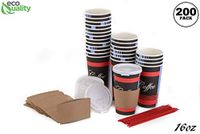 [200 PACK] - 16oz - Paper Coffee Hot Cups, White Travel Lids, Sleeves & Stirrers - Disposable Coffee Cups, To Go Travel Mug, Office/Party Pack, Hot/Cold Coffee, Tea & Chocolate, Latte, Cappuccino