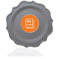 Tiger Chef 60-Count, 10-inch Silver Color Round Scalloped Rim Disposable Plastic Plate Set Includes 60 Plastic Dinner Plates - BPA-Free