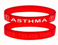 Custom Asthma ID Bracelet Wristbands - 2 Pack - Red - 7 Inches - Youth