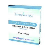 Simpurity 100% Pure Collagen Wound Dressing Pad, 4" x 4" Collagen Pads for Wound Care, Box of 5