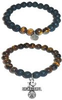 Hidden Hollow Beads Charm Tigers Eye and Black Lava Natural Stone Women's Yoga Beaded Stretch Bracelet Set. Comes in A Gift Box! (I Love Basketball)